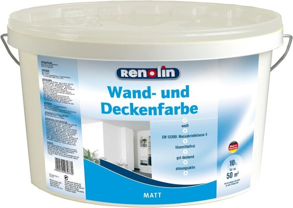 Renolin Wand- und Deckenfarbe 10 Liter | Innenwandfarbe Dispersionsfarbe